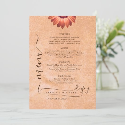 Bloemen Gerbera op Abstracte perzik bruiloft Menu (Staand voorkant)
