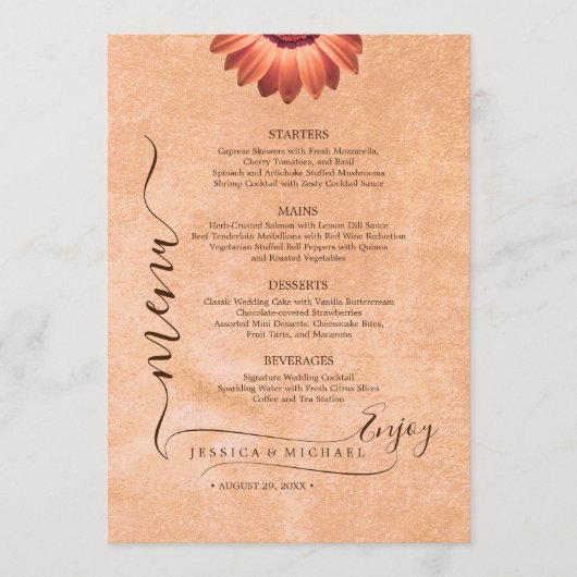 Bloemen Gerbera op Abstracte perzik bruiloft Menu (Voorkant)