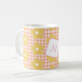 Bloemen geruit geel en blauw ontwerp koffiemok (Voorkant links)