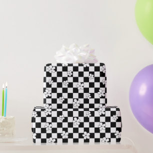 Bloemen geruit zwart-wit patroon cadeaupapier