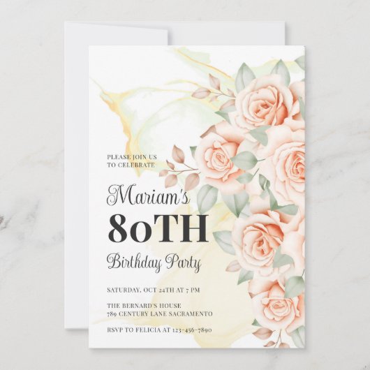 Bloemen geschilderd 80e verjaardag partij kaart (Voorkant)