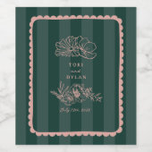 Bloemen geschulpte rand groene streep bruiloft wijn etiket (Enkel label)