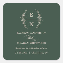 Bloemen Gestapelde Initialen Monogram Huwelijk Vierkante Sticker