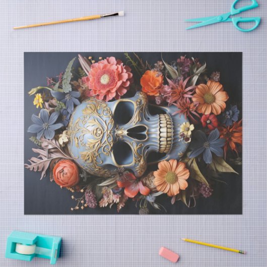 Bloemen getextureerde schedel in blauw Decoupage Tissuepapier (Craft)