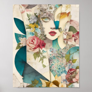 Bloemen Gezicht Gemengde Media Collage Ephemera De Poster