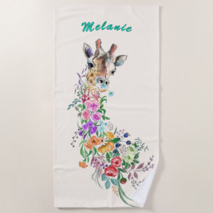 Bloemen Giraffe Strandlaken met aangepaste naam