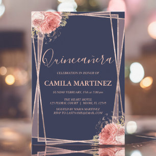 Bloemen Girly Roos Goud Blauw Quinceanera Party Kaart