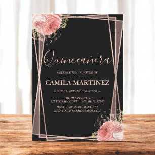 Bloemen Girly Roos Goud Zwart Quinceanera Party Kaart