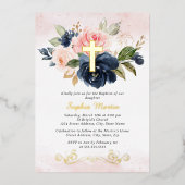 Bloemen Glanzend Goud Kruis Meisje Roze Marine Doo Folie Uitnodiging (Voorkant)