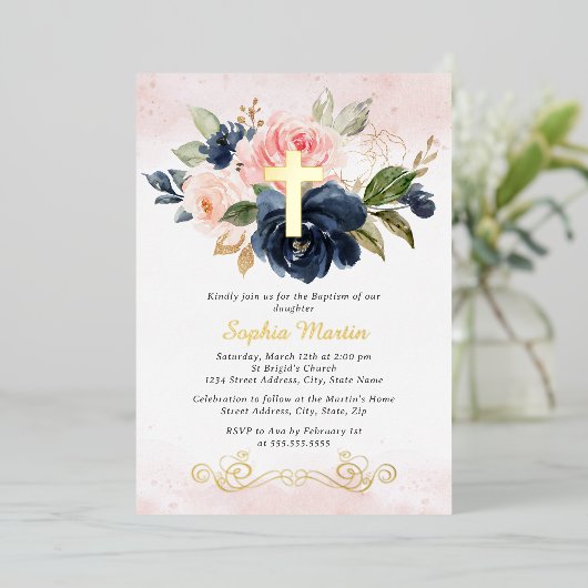 Bloemen Glanzend Goud Kruis Meisje Roze Marine Doo Folie Uitnodiging (Staand Voorkant)