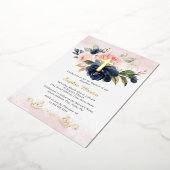 Bloemen Glanzend Goud Kruis Meisje Roze Marine Doo Folie Uitnodiging (Gedraaid)