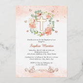 Bloemen Glanzend Goud Kruis Perzik Bloemen Meisje  Folie Uitnodiging (Voorkant)