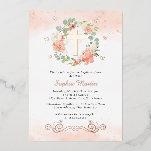 Bloemen Glanzend Goud Kruis Perzik Bloemen Meisje  Folie Uitnodiging (Voorkant)