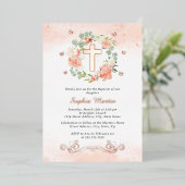 Bloemen Glanzend Goud Kruis Perzik Bloemen Meisje  Folie Uitnodiging (Staand Voorkant)