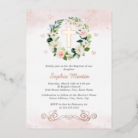Bloemen Glanzend Goud Kruis Vlinder Meisje Doop Folie Uitnodiging (Voorkant)