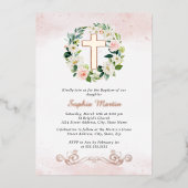 Bloemen Glanzende Gouden Kruis Krans Meisje Doop Folie Uitnodiging (Voorkant)