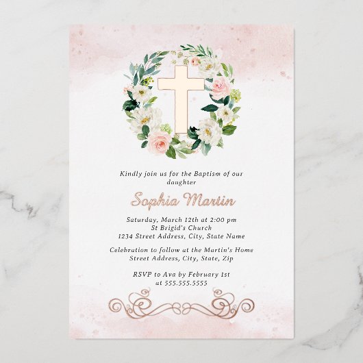 Bloemen Glanzende Gouden Kruis Krans Meisje Doop Folie Uitnodiging (Voorkant)