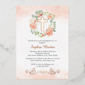 Bloemen Glanzende Gouden Kruis Perzik Krans Meisje Folie Uitnodiging (Voorkant)