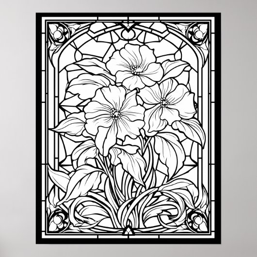 Bloemen Glas in lood Venster Kleurplaat Poster (Voorkant)