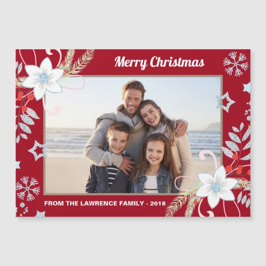 Bloemen Glitter Sneeuwvlokken Rode Kerstmis Foto (Voorkant)