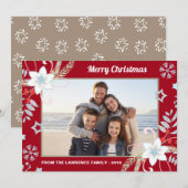 Bloemen Glitter Sneeuwvlokken Rode Kerstmis Foto Feestdagenkaart (Voorkant / Achterkant)