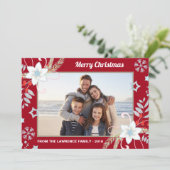 Bloemen Glitter Sneeuwvlokken Rode Kerstmis Foto Feestdagenkaart (Staand voorkant)