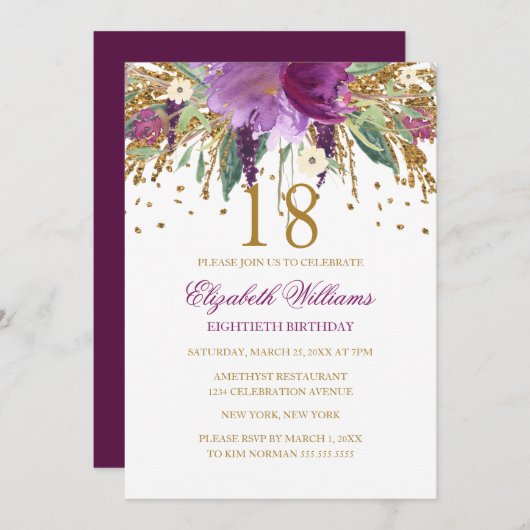 Bloemen Glitter Sparkling Amethyst 18e verjaardag Kaart (Voorkant / Achterkant)