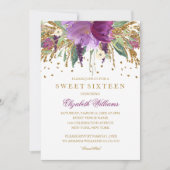Bloemen Glitter Sparkling Amethyst Sweet 16 Invite Kaart (Voorkant)