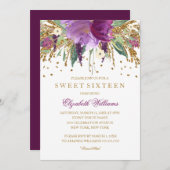 Bloemen Glitter Sparkling Amethyst Sweet 16 Invite Kaart (Voorkant / Achterkant)
