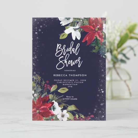 Bloemen Glitter Winter Bruids Douche Uitnodiging (Staand voorkant)