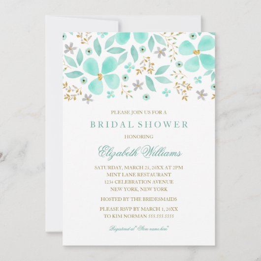Bloemen Gold Mint Leaf Bruids Douche Uitnodiging (Voorkant)