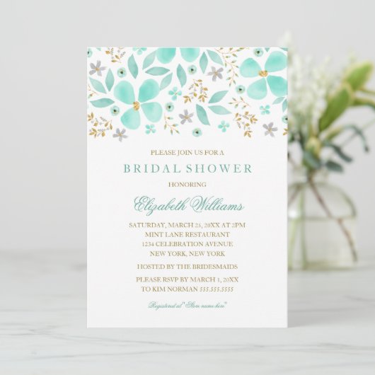 Bloemen Gold Mint Leaf Bruids Douche Uitnodiging (Staand voorkant)