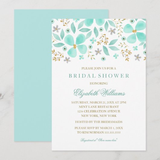 Bloemen Gold Mint Leaf Bruids Douche Uitnodiging (Voorkant / Achterkant)
