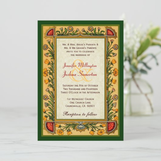  bloemen Gold Red Green Wedding W751 Kaart (Staand voorkant)