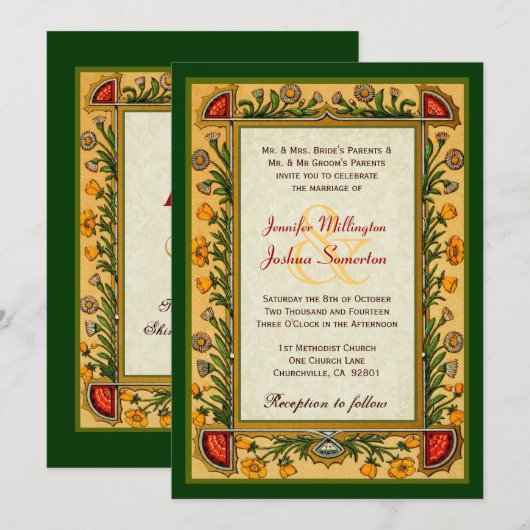 bloemen Gold Red Green Wedding W751 Kaart (Voorkant / Achterkant)