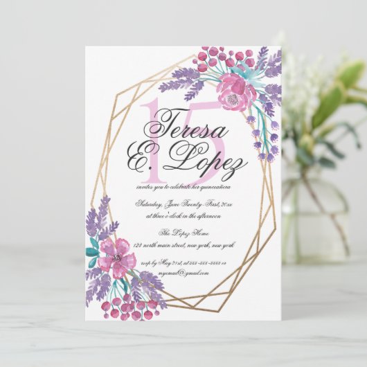 Bloemen Gold Terrarium Waterverf Quinceañera Kaart (Staand voorkant)