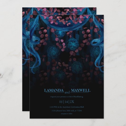 Bloemen Gotisch Blauw Roze Huwelijk Handfasting Kaart (Voorkant / Achterkant)