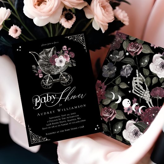  Bloemen Gotische Wandelwagen Spooky Baby shower Kaart
