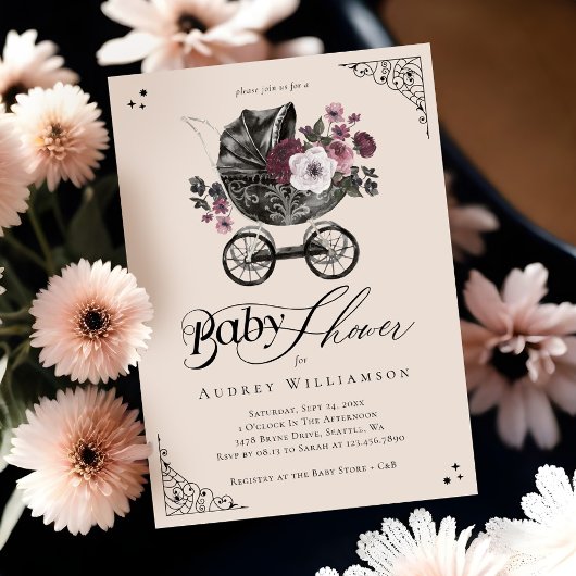 Bloemen Gotische Wandelwagen Spooky Baby shower Kaart