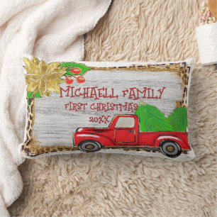 Bloemen Goud Accent Rode Eerste Kerstboom Truck Kussen
