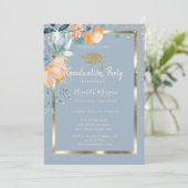 Bloemen Goud Afstudeerder Pet Stoffig Blauw Afstud Kaart (Staand voorkant)