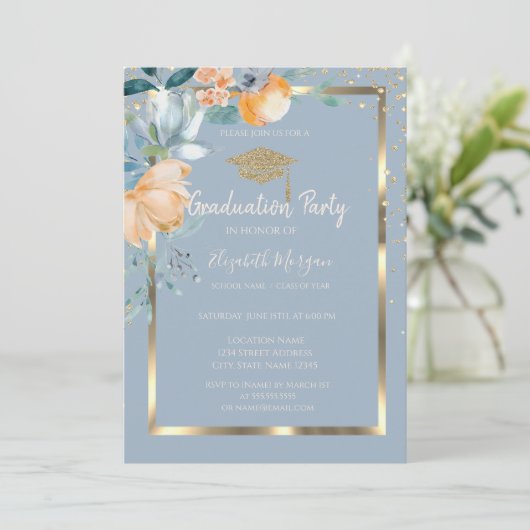 Bloemen Goud Afstudeerder Pet Stoffig Blauw Afstud Kaart (Staand voorkant)