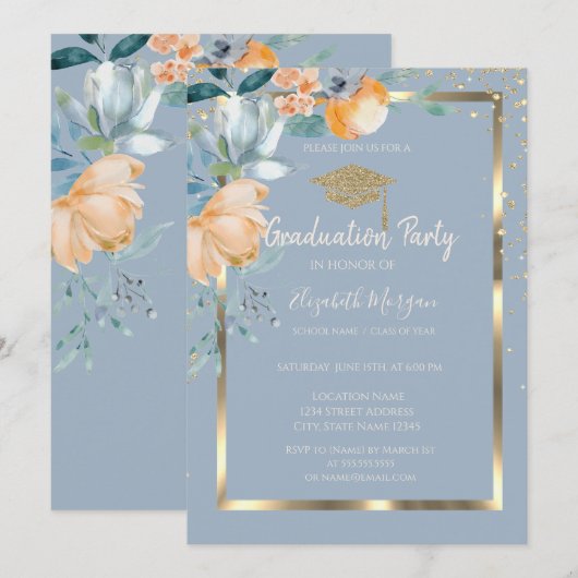 Bloemen Goud Afstudeerder Pet Stoffig Blauw Afstud Kaart (Voorkant / Achterkant)