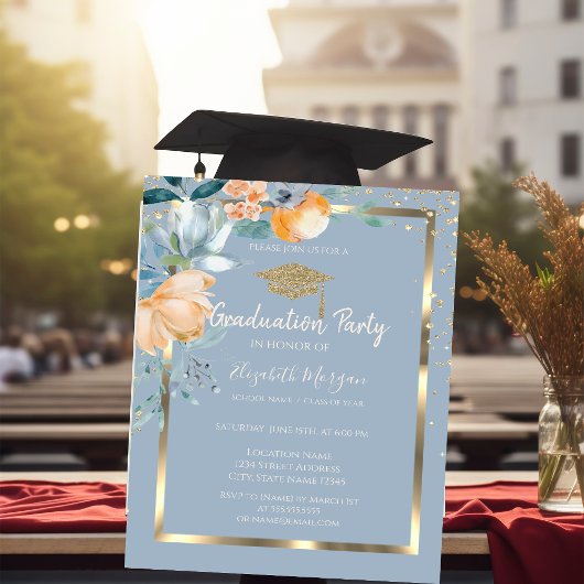 Bloemen Goud Afstudeerhoed Stofblauw Afstuderen Kaart
