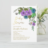 Bloemen Goud Blauw Paarse Waterverf Baby shower Kaart (Staand voorkant)