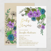 Bloemen Goud Blauw Paarse Waterverf Baby shower Kaart (Voorkant / Achterkant)