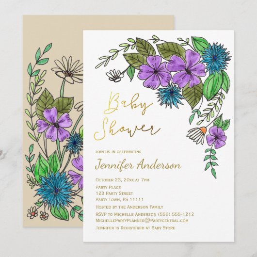 Bloemen Goud Blauw Paarse Waterverf Baby shower Kaart (Voorkant / Achterkant)