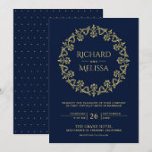   Bloemen Goud Bloemen Blauw Huwelijk Kaart (Voorkant / Achterkant)