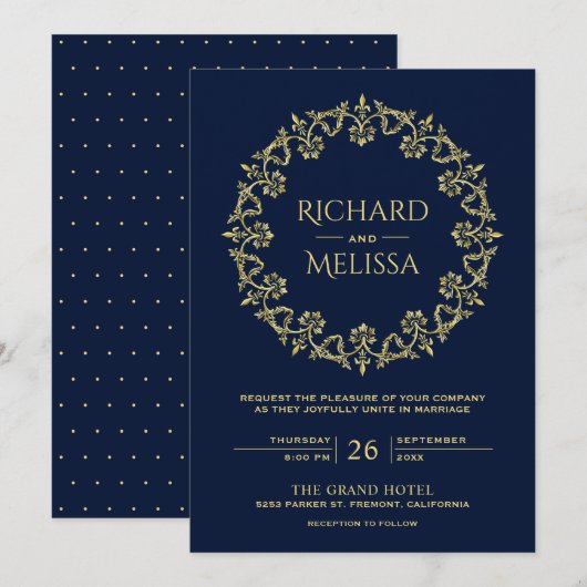   Bloemen Goud Bloemen Blauw Huwelijk Kaart (Voorkant / Achterkant)