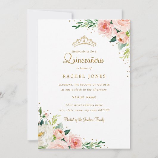 Bloemen Goud Blush Quinceanera Kaart (Voorkant)